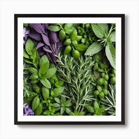 Top View Of Herbs On Green Background Art Print