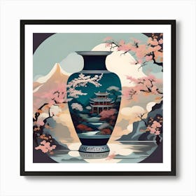 Flower Vase Decorated with Chinese Landscape, Turquoise, Brown, Red and Pink Art Print