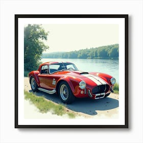 High Performance Car By A Calm Riverbank, Watercolor Painting 1 Art Print