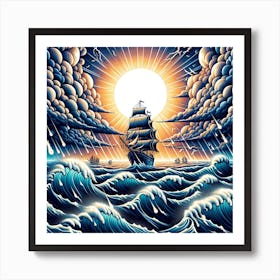 Sailing Ship In Stormy Sea Art Print