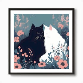 Silhouettes Of Cats Snuggled In The Garden, Black, White, Turquoise And Pink Art Print