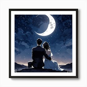 Couple Under The Moon, A Single Elegant Line Drawing Of A Men And Woman Art Of Sitting To Gather Alone Back Side Art Print