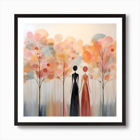 Enchanted Dreams: Pastel Harmony with Golden Trees and Abstract Goddesses Art Print
