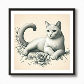 Cat With Roses Art Print