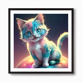 Gradient Pink and blue and green baby british cat happy and smiling,full body,sharp focus,looks funny,glowing, glitter,shine, sitting in the big fire sphere,very cute,8k,hd,Futuristic,CFG Art Print