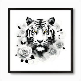 Tiger With Roses 2 Art Print