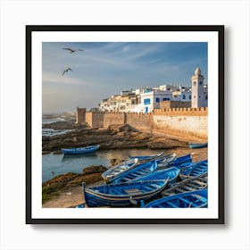 Blue Fishing Boats On The Beach Art Print