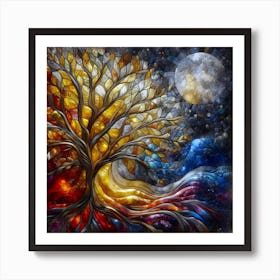 Portrait Of An Abstract Tree Of Life With Cosmic Connection - Stained Glass Technique With Stone Work. Art Print