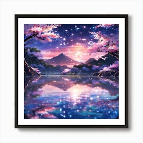 Midnight Blue Lake with Pink Cherry Blossom Trees Art Print