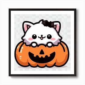 Halloween Cat In Pumpkin Cute Kawaii Cartoon Anime Kitty Art Print