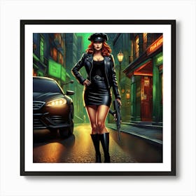 Girl In A Leather Jacket Art Print