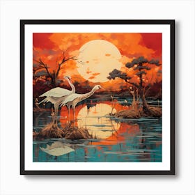 Celestial Waters: Two Cranes in a Gold and Turquoise Sky Art Print