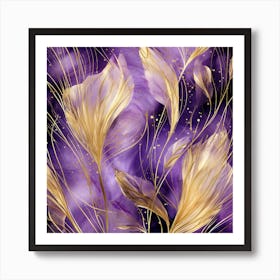 Gold Feathers On Purple Background Art Print