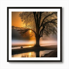 Tree on water with sunset Art Print