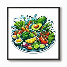 A Plate Of Food And Vegetables Sticker Top Splashing Water View Food Art Print