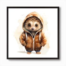 Watercolour Cartoon Hedgehog In A Hoodie 1 Art Print