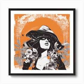 A Silhouette Of A Banana Wearing A Black Hat And Laying On Her Back On A Orange Screen, In The Style (2) Art Print