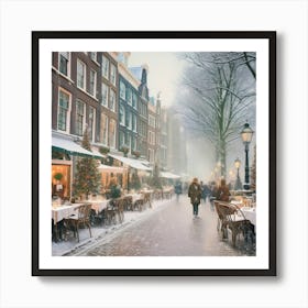 Amsterdam cafes, winter season, Christmas, pale colors, pedestrians in the street, winter clothes, falling snow.15 Art Print