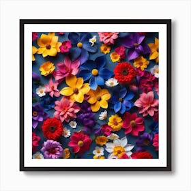 Colorful Flowers On Blue Background Art Print