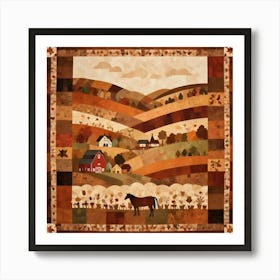 A Patchwork Quilt With An Autumnal Farm Theme, Featuring Rolling Hills, Farmhouses, Trees, And A Horse In A Field, All Rendered In Warm Brown And Orange Hues Art Print