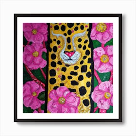 Leopard With Pink Flowers Art Print