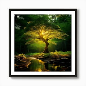 A Solitary Tree In A Clearing Its Mighty Trunk A Beacon Of Gold In A Sea Of Verdant Foliage Art Print