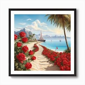 Red Roses On The Beach 1 Art Print