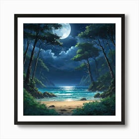 Moonlit Tropical Beach Enclosed by Lush Forest Under a Starry Night Sky Art Print