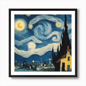 scene blending the swirling cosmic colors of Vincent van Gogh's Starry Night with the surreal celestial precision of Salvador Dalí. Art Print