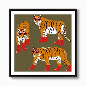 Tigers In Retro Sunglasses And Red Boots Art Print