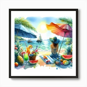 Watercolor Of A Woman On The Beach Art Print