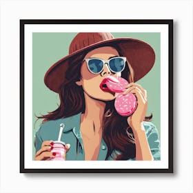 "Chic Brunette: Hat, Shades, and Bubblegum Vibes" Art Print