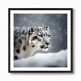 Snowfall, Attentive Snow Leopard Art Print