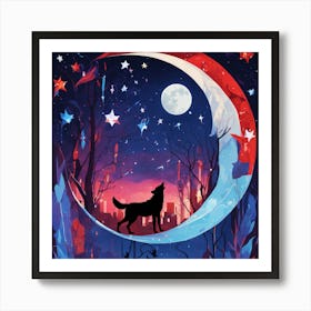 Wolf On The Moon Art Print