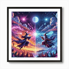 Two Wizards Flying In The Sky Art Print