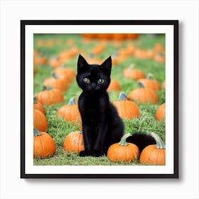 Cute Black Kitten With Pumpkins Art Print