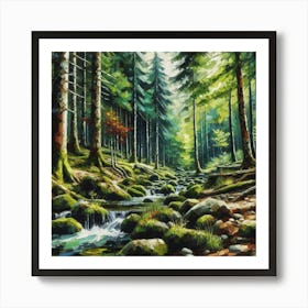 Stream In The Forest, Acrylic Painting Style 1 Affiche