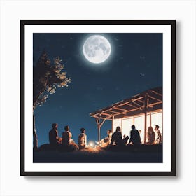 Full Moon At Night.A group of people sitting under the moonlight looking at flying lights Art Print