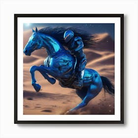 Man Riding A Blue Horse In The Desert Cyberpunk Robot Art Print