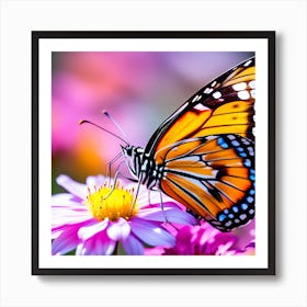 Close Up Of A Butterfly Of Different Colors Resting On Top Of A Flower Art Print