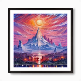 Snow-capped mountain at sunset Art Print