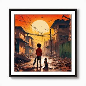Masterpiece striking award winning fine art vector illustration, many children hurt vulnerable, in war dystopian destruction 16 k Art Print