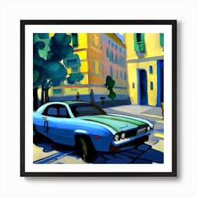 A painting of a modern blue car driving down a street Art Print