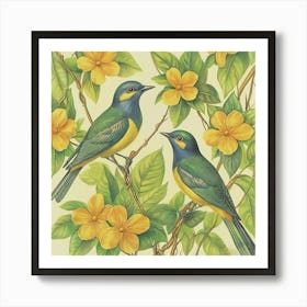 Two Birds Perched On A Branch Art Art Print