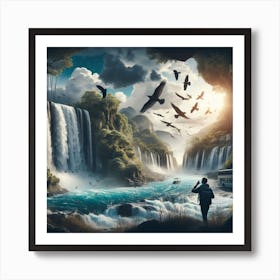 Waterfalls And Birds Art Print