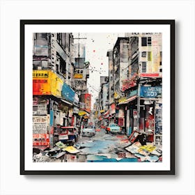 Hong Kong Street, Hand Painted ART Elements Digital Prints And Textured Paper Art Print