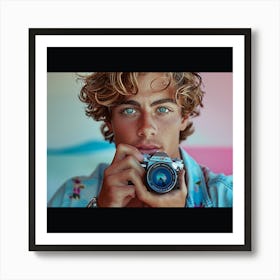 Portrait Of A Young Man With A Camera in pink Art Print