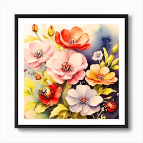 Watercolor Flowers With Ladybugs Art Print