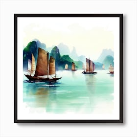 Watercolor Boats In The Water, Hạ Long Bay Art Print