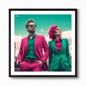 Man And Woman In Pink Suits. Urban London Romance in Magenta and Green: An Ultrarealistic Perspective. Art Print